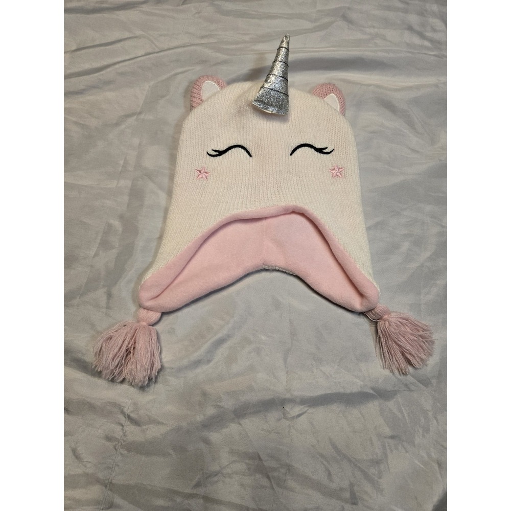 Unicorn Fleece Beenie Girls White Pink One Size Winter Hat‎ Soft